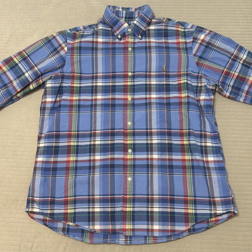 Polo Ralph Lauren Oxford Shirt Mens XL Plaid Long Button Green Blue Colorful